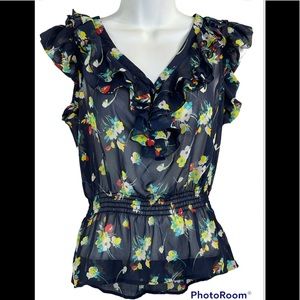 Forever 21 Ruffled Black Short Sleeve Sheer Blouse#A35